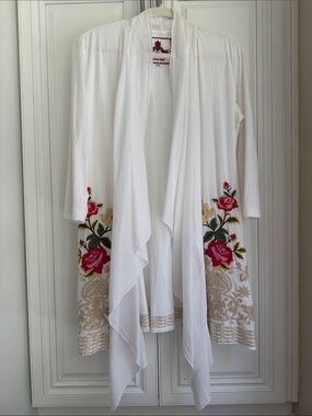 Johnny Was White Draped Cardigan with Red Rose Embroidery